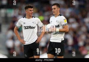 Derby County’s Mason Mount (left) celebrates scoring his side’s     Derby County’s young midfielder….