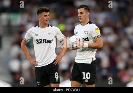 Derby County’s Mason Mount (left) celebrates scoring his side’s Derby County’s young midfielder….